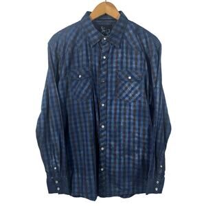Age of Wisdom Shirt Men Size L Blue Black Pearl Snap Button Down Western Cowboy